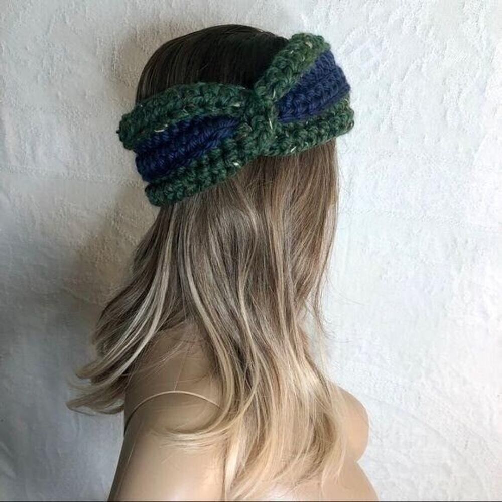 Wool Green and Navy Crochet Twist Ear Warmer Headband